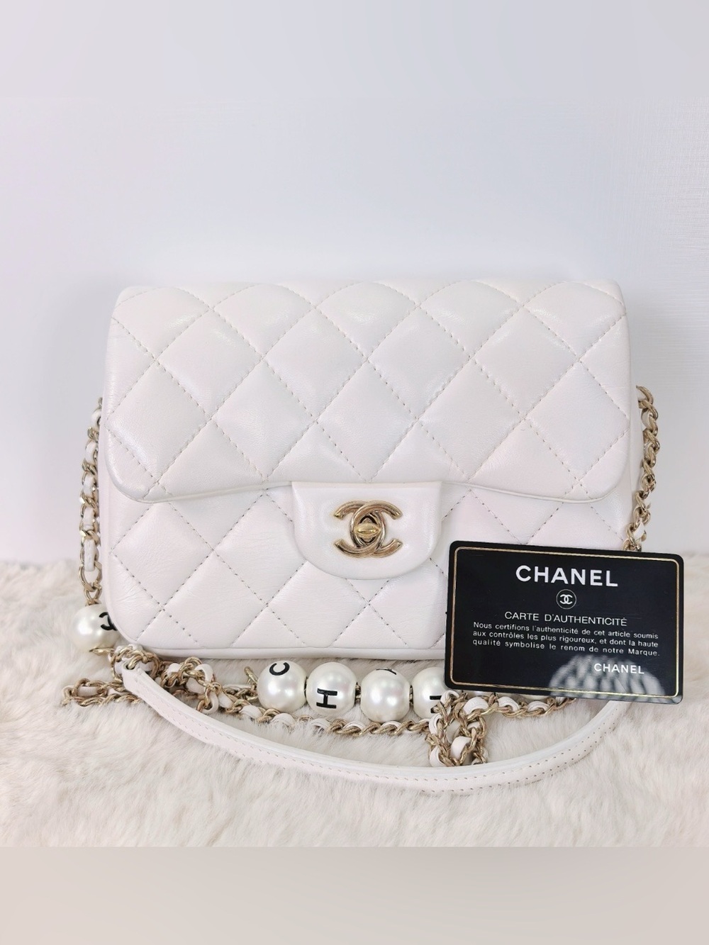 CHANEL White Quilted Lambskin CC mini Flap bag Crossbody Bag with Gold Hardware